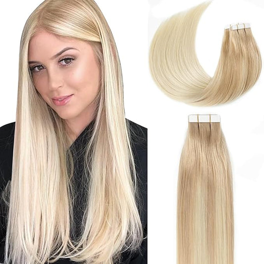 Lacer Tape in Hair Extensions Real Human Hair 20 Pieces 50 Grams Balayage Light Ash Blonde to Platinum Blonde Glue in Human Hair Extensions B#13/60 14 Inch