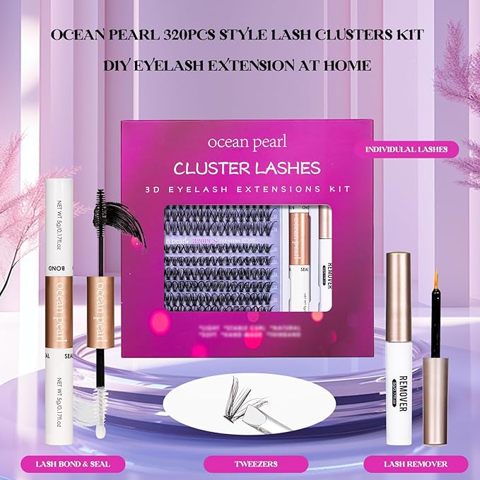 DIY Lash Extension Kit 320 Pcs Lash Clusters Kit Individual Lashes Natural 10-16mm C/D Curl with Bond Seal Tweezers Lash Glue Remover False Eyelashes for Beginner Eyelash Extensions at Home (30D+40D)