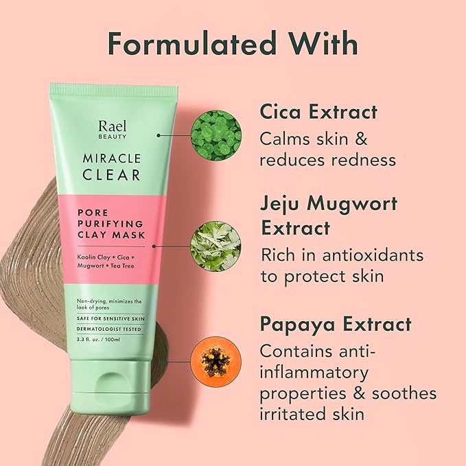 Rael Face Mask, Miracle Clear Clay Mask – Deep Pore Cleanser with Tea Tree & Gentle Exfoliation for Blackheads, Korean Skin Care (3.4 fl oz)