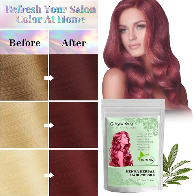 3IN1 Henna Hair Color - 30 Min Fast Herbal Hair Dye for Gray Coverage, Conditioning & Hair Treatment - No Ammonia, Semi-Permanent, Plant-Based (BURGUNDY RED)