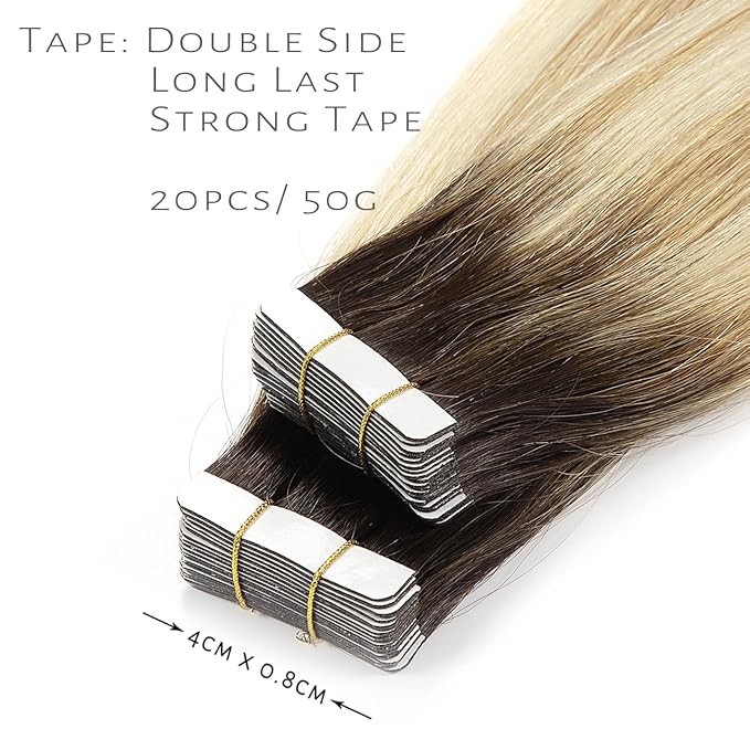 LacerHair Tape in Hair Extensions Human Hair Caramel blonde Mixed Bleach blonde with Darkest Brown Roots 50g Remy Human Hair Tape Ins R#2-27/613 22 Inch
