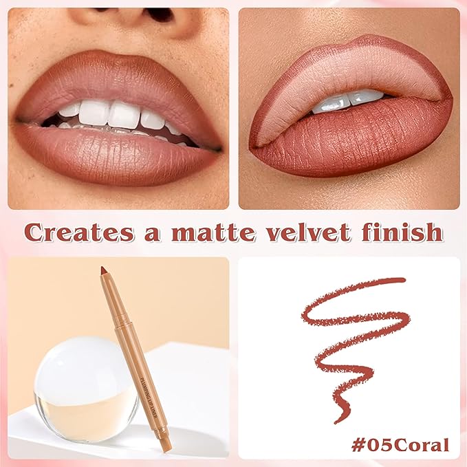 Matte Lip Liner, Plump Lipliner Pencil Crayon，Creamy Matte Finish with Silicone Smudger For Women, High-Pigment Smooth Formula for Sculpting &Contours Lip，Longwear，Lips Makeup，Cruelty-Free 05#Coral