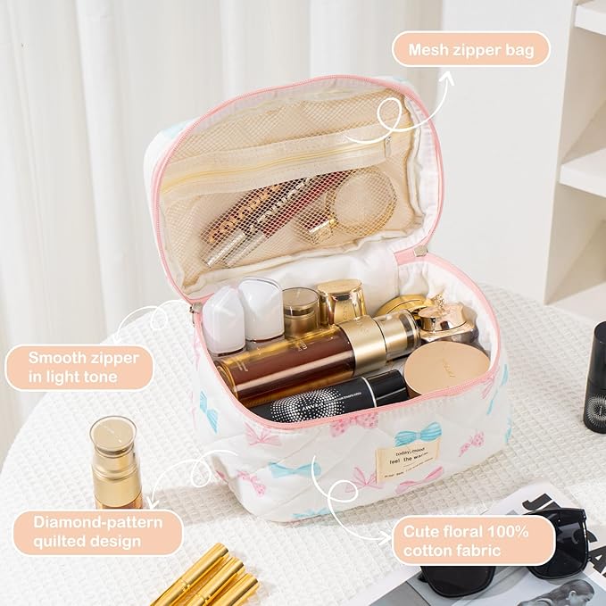 Makeup Bag for Women 3PCS Quilted Cotton Make Up Bag Travel Cosmetic Bag Large Makeup Bag Set Cute Bow Makeups Organizer Floral Toiletry Pouch for Purse, Bow F