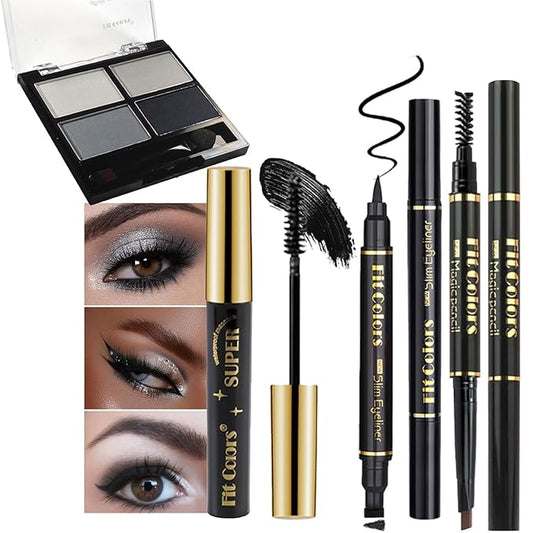 4-in-1 Eye Makeup Kit 4 Colors Eyeshadow Palette Black Liqiud Eyeliner with Stamp and Double-headed Brown Eyebrow Pencil Set for Women Beginners Gift (01)