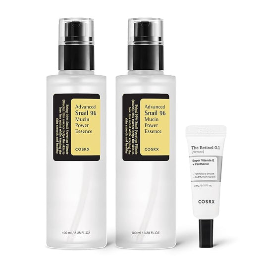COSRX Snail 96% Mucin Power Essence 2ea & Retinol 0.1% Cream Mini Sample 1ea, Glass Skin Starter Set, Amazon Exclusive, Daily Hydrating & Firming Korean Skin Care Kit, Gift Set, Stocking Stuffers