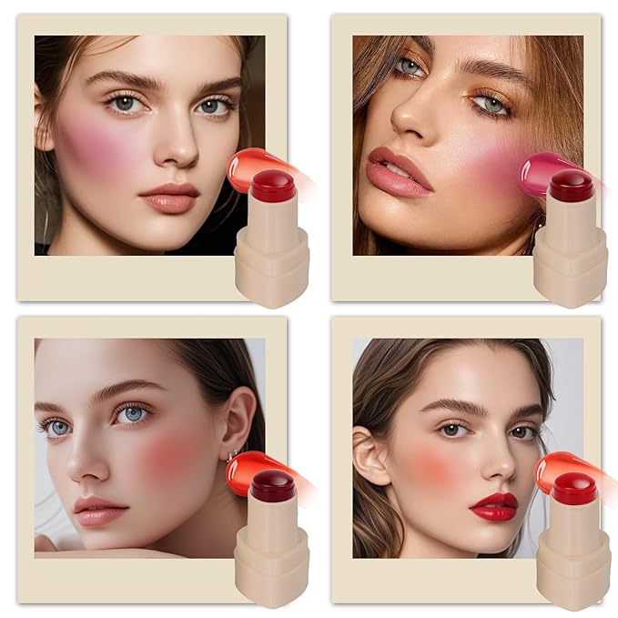 Jelly Lip Stain&Cheek Tint,Sheer Blush with Vegan Collagen+Aloe,4 Colors Fun Bouncy Jelly Lip Gloss for Girls,Moisturizing,Long-Lasting,Cute Stuff