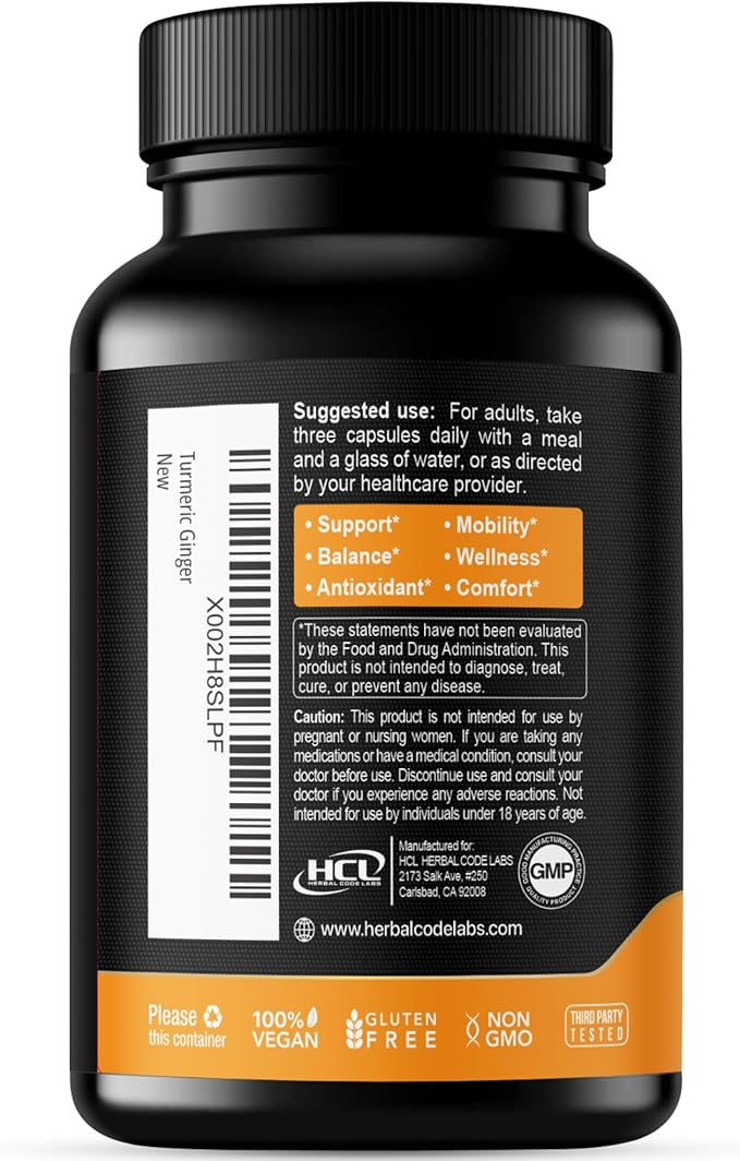 Turmeric Curcumin with Ginger – 1750mg High-Potency Formula with 95% Standardized Curcuminoids and Ginger Extract – Black Pepper for Enhanced Absorption – 60 Vegan Capsules