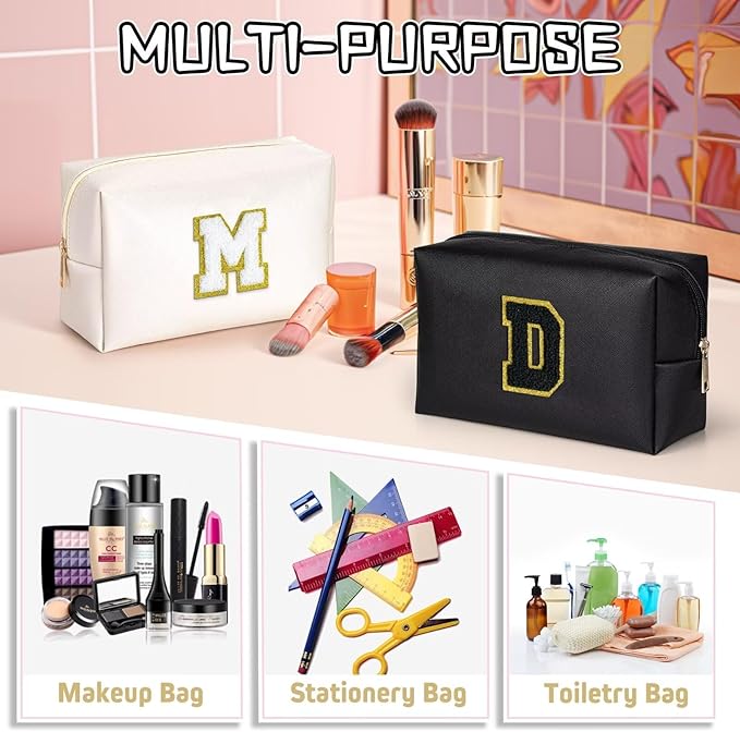 TOPEAST Initial Cosmetic Bag for Women, Preppy Small Makeup Bag, PU Leather Waterproof Toiletry Bag, Monogrammed Birthday Gifts for Women, Stuff for Girls (Black S)