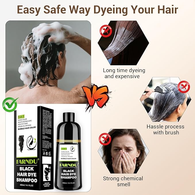 Black Hair Dye Shampoo for Women & Men, Gray Hair Coverage, 3-in-1 Hair Color Shampoo