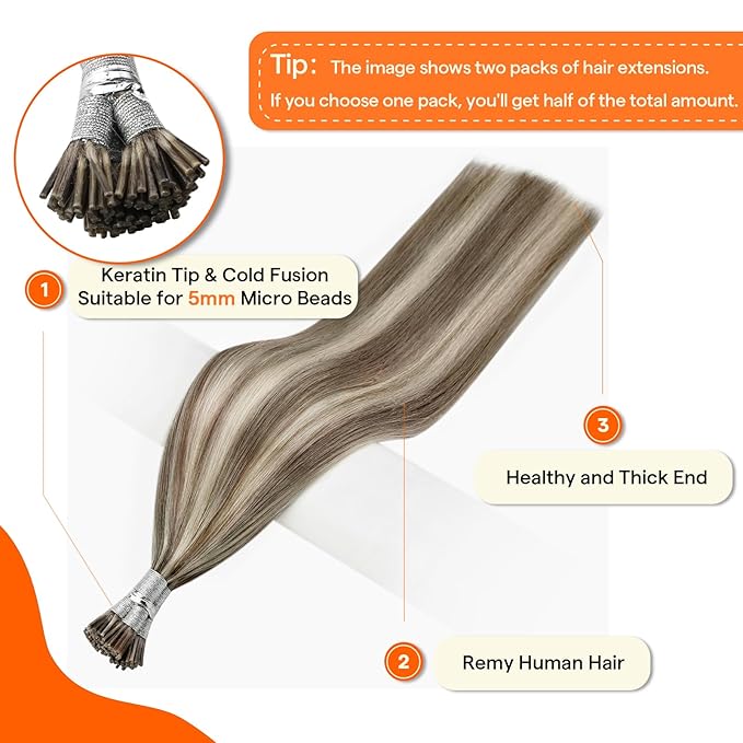 Full Shine I Tip Hair Extensions Human Hair 20 Inch Long Straight Itip Extensions Ash Brown Highlight Platinum Blonde Itip Human Hair Extensions 40 Grams add Length
