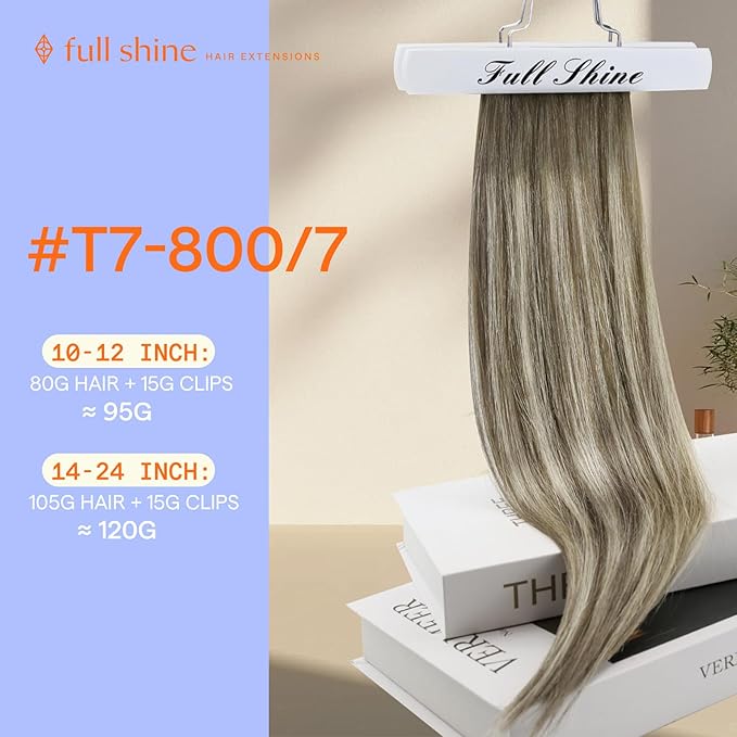 Full Shine 18 Inch Real Hair Extensions Clip in Human Hair Ombre Ash Brown to Blonde Straight Hair Extension Clip ins 7 Pcs 120 G