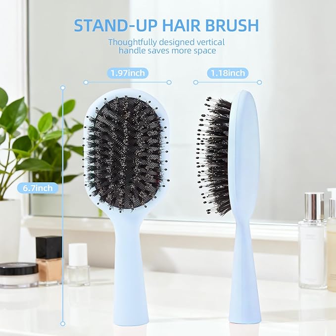 Boar Bristles Hair Brush for Women Men and Kids, Detangling Hair Brush for Smoothing Massage Add Shine, Nylon&Boar Bristles brush for Hair Healthy, Easy to Storage(Blue)