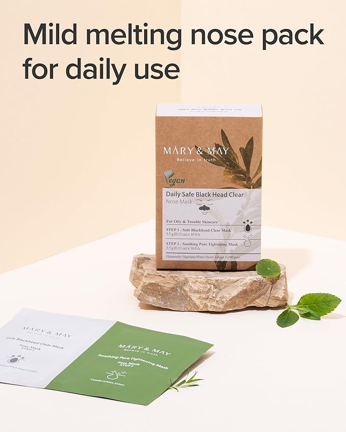 Mary&May Daily Safe Blackhead Clear Nose Mask - 2-Step Deep Pore Cleansing, Soothing and Tightening - Instant Pore Unclogging Nose Strips - Oil Free, Non Comedogenic Use 10 Pack