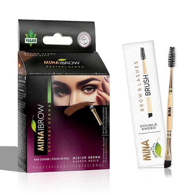 MinaiBrow Medium Brown Natural Brow Coloring Tinting Powder | Smudge Proof Instant Dye Kit with Duo Angled Brush