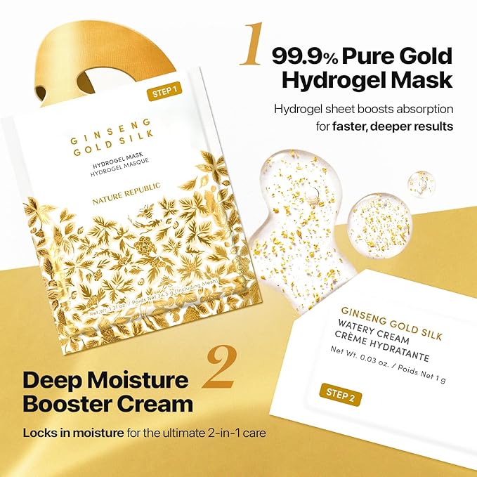 Nature Republic 2-Step Ginseng Gold Silk Hydrogel face Mask, Hydrating Overnight gold mask, Ginseng Niacinamide & Silk Amino Acid,Royal Jelly Extract, Holiday Gifts, Korean Skin Care 34.5g x4ea