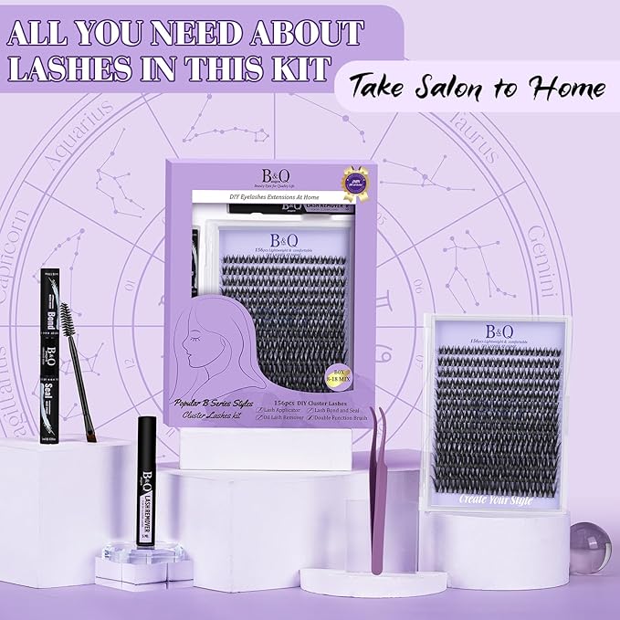 B&Q Flora Lash Clusters Kit B0X, DIY Lash Extension Kit 156PCS Eyelash Extension Kit, Soft Wispy Lash Clusters 8-18MIX D Curl Lash cluster, Thin Black Band Cluster Eyelash Extensions (B0X Set)
