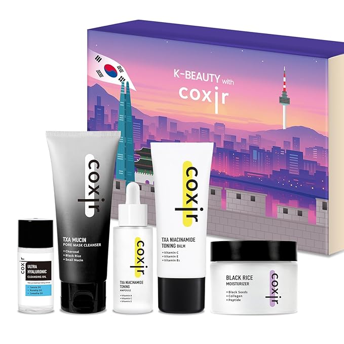 [Holiday Gift Set,Christmas Gift Set]coxir K-Beauty Seoul Glow Set – 5-Step Korean Skincare Routine with TXA & Black Rice – Cleansing oil, Mask Cleanser, Ampoule, Balm & Moisturizer,korean skincare