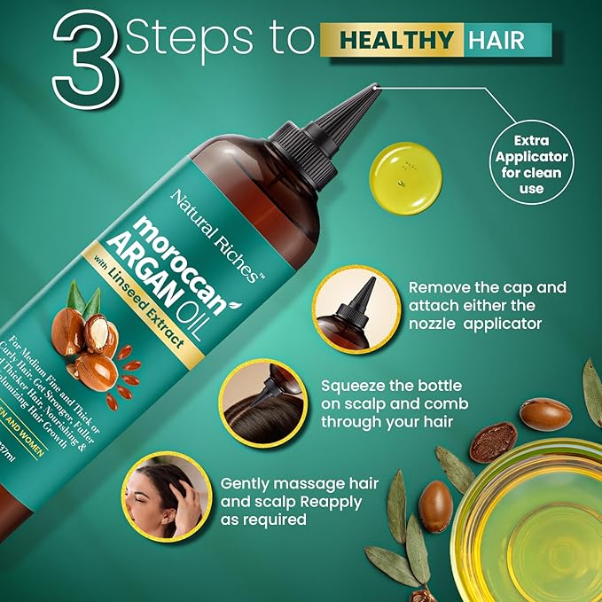 Natural Riches Moroccan Argan Oil Hair Treatment with Linseed Extract – Smooths Frizz, Detangles, Conditions & Boosts Shine – Deep Hydration for Dry, Damaged, Curly & Color-Treated Hair – 8 fl oz