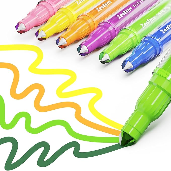 Triple-Tip Highlighters Assorted Colors, 6-Pack No-Bleed Highlighters with 2 Highlight Tips & 1 Color-Shift Tip, 24 Multi Colors for Journaling, Note Taking, Drawing & Planning