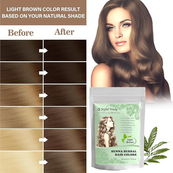 3IN1 Henna Hair Color - 30 Min Fast Herbal Hair Dye for Gray Coverage, Conditioning & Hair Treatment - No Ammonia, Semi-Permanent, Plant-Based (LIGHT BROWN)
