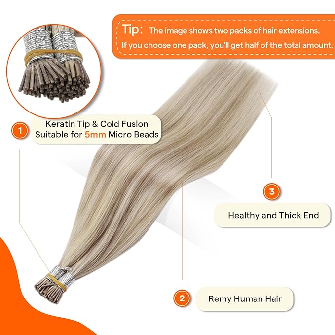 Full Shine I Tip Hair Extensions Real Human Hair Ash Blonde Highlight Platinum Blonde Itips Human Hair Extensions Pre Bonded Keratin Extensions 16 Inch 50 Grams add Volume