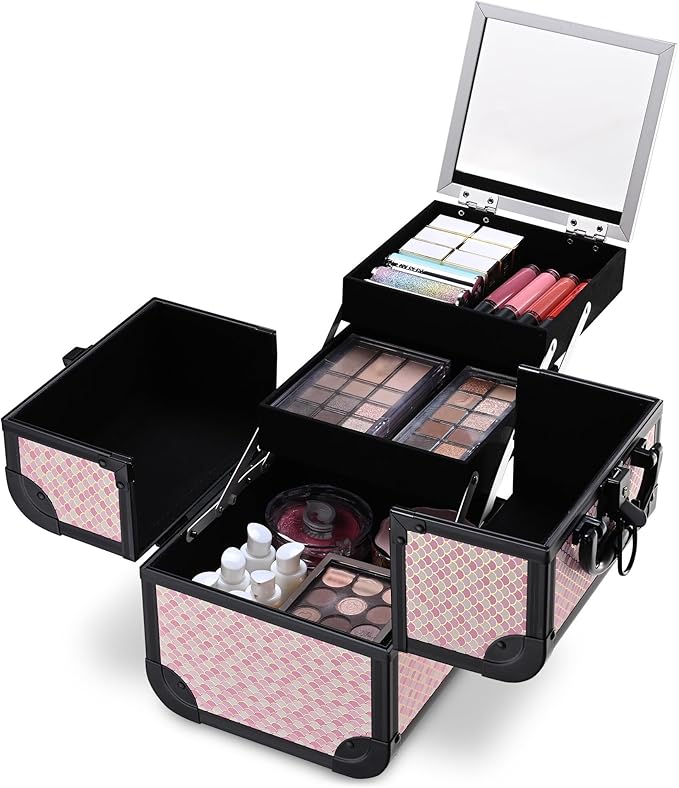 BYOOTIQUE Makeup Train Case Trolley w/Cube Case Cosmetic Organizer Art Deco Bloom