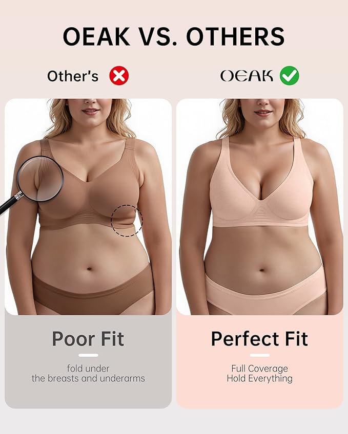 OEAK Womens Deep V Bras Wireless Comfortable Bra Supportive No Underwire Bras Tshirt Push Up Bralettes Plunge Seamless Bra