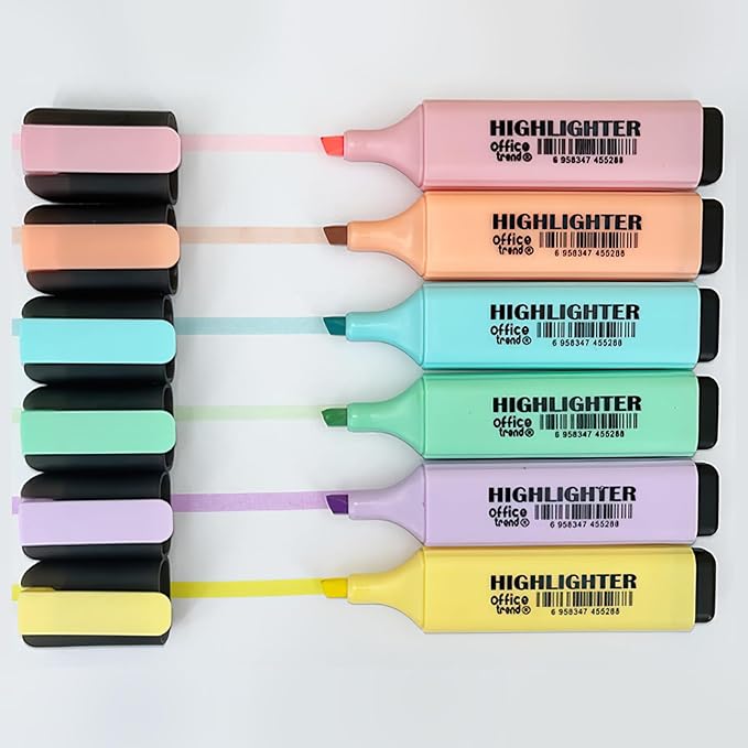 Highlighters 6 Colors - Chisel Tip Fluorescent Marker Pens for Students, Office, Journals, Smooth Writing, Pastel Shades