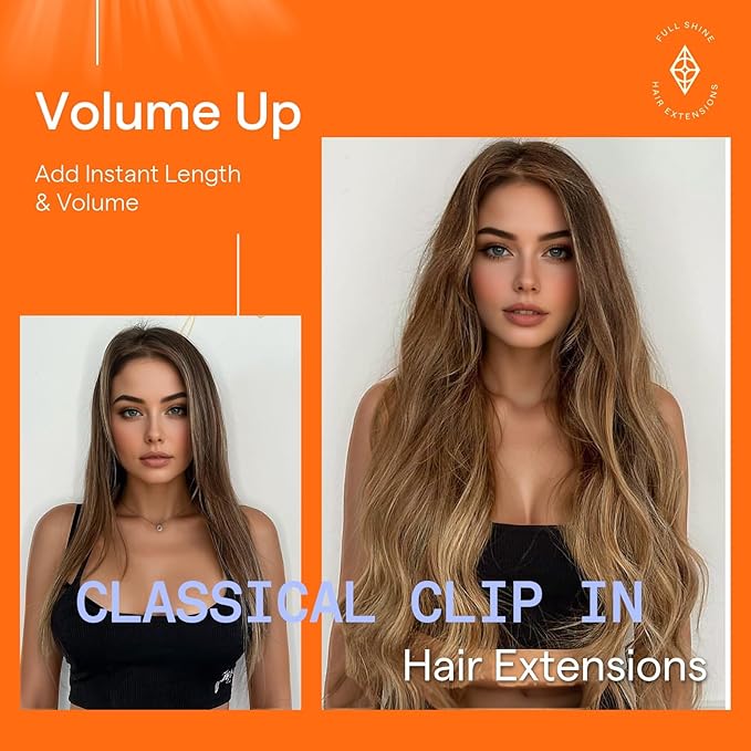 Full Shine Hair Extensions Clip ins Balayage Medium Brown to Honey Blonde Clip on Hair Extensions for Wedding for Women 22 Inch 7 Pcs 120 G