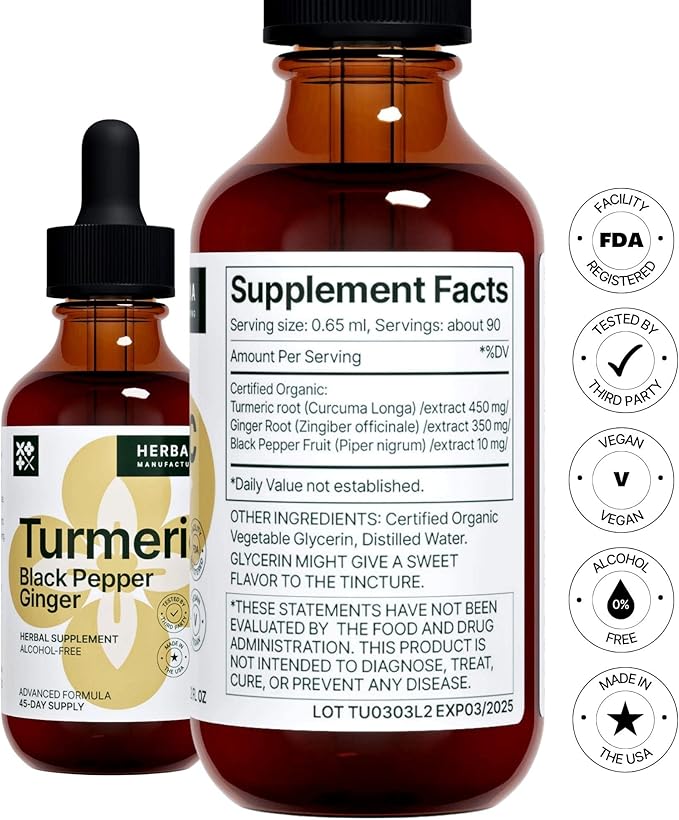 Turmeric 3-in-1 Liquid Extract - Curcumin & Ginger, Black Pepper - Natural Herbal Supplement - Immune and Brain Booster Tincture (2 FL OZ)