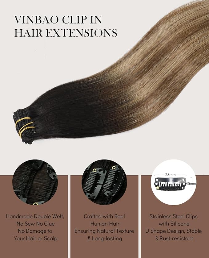 VINBAO Clip in Extensions Human Hair 18 Inch 6pcs Clip in Soft Hair Extensions Easy to Install 120 Grams Color 1B/4/27 Dark Roots to Blonde Balayage Color(#1B/4/27,18'')
