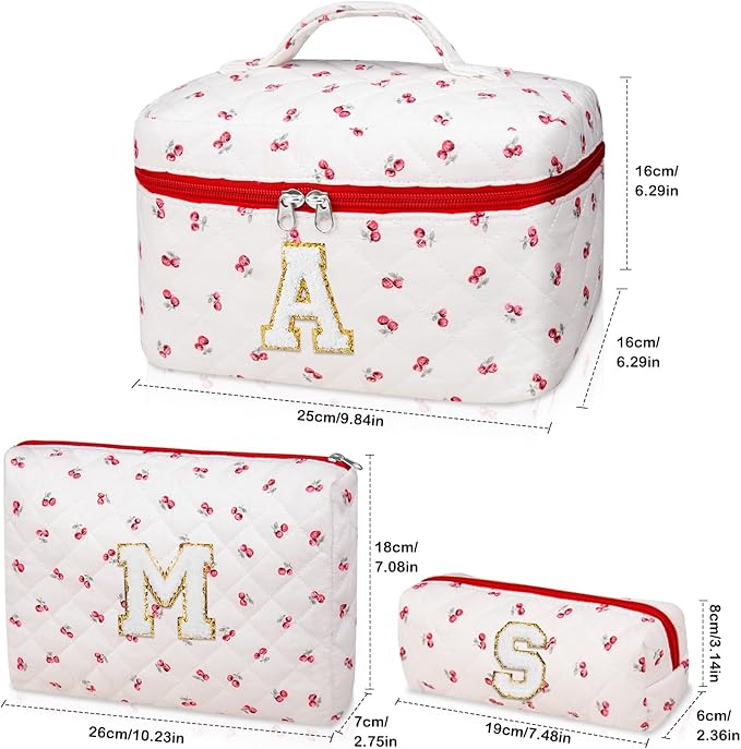 Initial Makeup Bag Set, Personalized Quilted Makeup Bag, Large Floral Cosmetic Bag for Women, Cute Cotton Custom Make up Bags, Flower Travel Toiletry Bag Teen Girl Gift Trendy Stuff Gift Red Cherry E