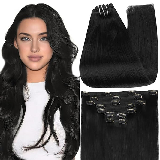 Full Shine Black Human Hair Clip in Extensions Straight Clip in Remy Extensions Jet Black Hair Extensions Clip ins Seamless Thick Ends 14 Inch 120 G 7 Pcs