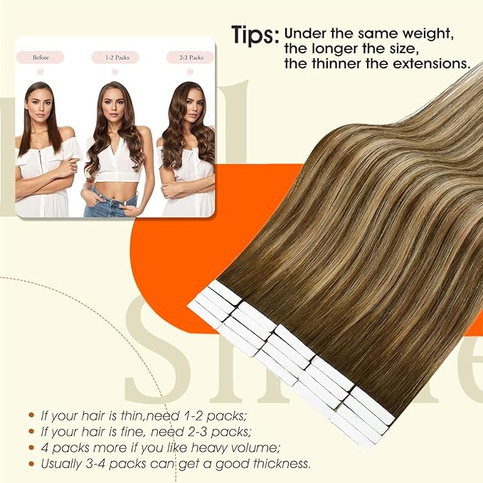 Full Shine Brown And Blonde Injection Tape in Hair Extensions Human Hair Color 4/24/4 Double Sided Remy Tape in Extensions 18Inch 50G 20Pcs for Women Daily Office Look Reusable