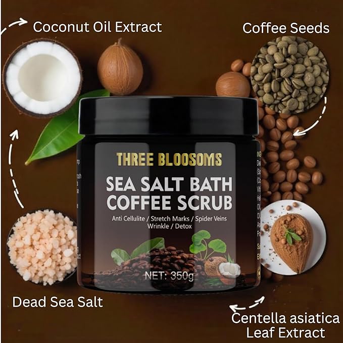 Coffee Scrub Body Exfoliator, 350g Anti Cellulite, Anti aging, Removes Dark Circles, Wrinkles, Gift for Women and Men, contains Coffe-Seeds, Sea Salt, Coconut Oil, Leaf Extracts (350g, Coffee Scrub)