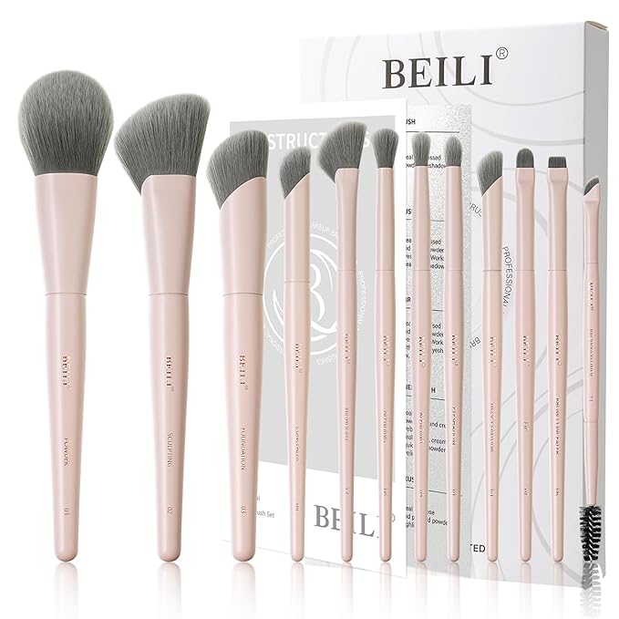 BEILI Makeup Brush Set,White Makeup Brush Set, 12 Vegan Makeup Brushes for Powder Foundation, Concealer, Eyebrows, Eyeshadow, Contour, Eyeliner, Blender Eye Brush (Pink)