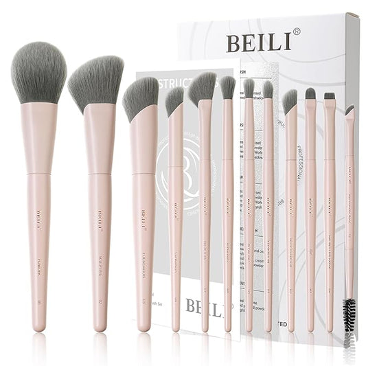 BEILI Makeup Brush Set,White Makeup Brush Set, 12 Vegan Makeup Brushes for Powder Foundation, Concealer, Eyebrows, Eyeshadow, Contour, Eyeliner, Blender Eye Brush (Pink)