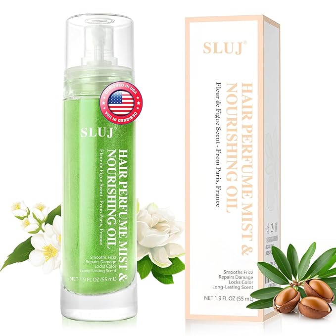 SLUJ Hair Perfume for Women - Hair Mist with Argan Oil & Light Green Shimmer, Lightweight Hair Oil Spray for Dry Hair, Heat Protection Spray for Hair, Long Lasting Hair Scent