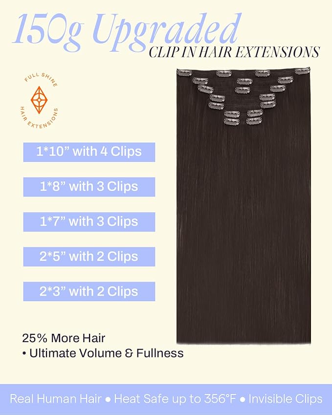 Full Shine Clip in Hair Extensions Dark Brown 22 Inch Thick Hair Extensions Real Human Hair Straight Brown Invisible Remy Hair Clip in Extra Volume 7 Pcs 150 G