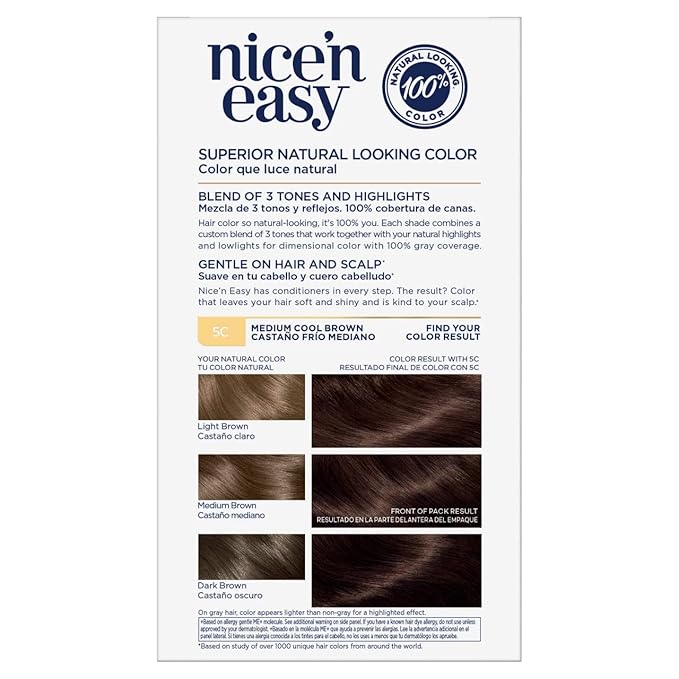 Clairol Nice 'n Easy Permanent Hair Color, 5C Medium Cool Brown, Pack of 3 Allergy Gentle Single-Step Hair Dye, Conditioners, Natural-Looking Color, Salon Highlights, Grey Coverage