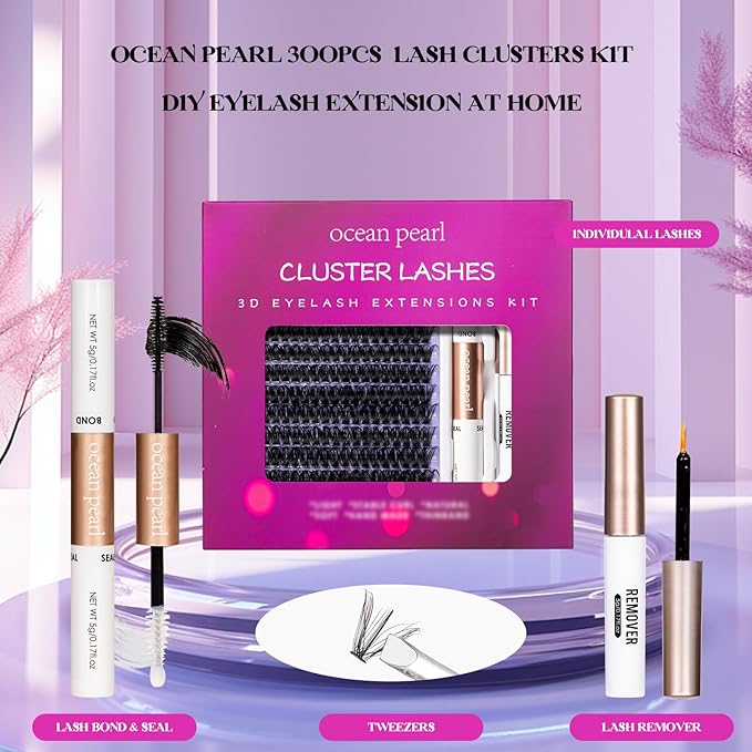 Ocean Pearl Lash Clusters 10-20mm Thick 300D Volume Eyelashes Clusters Lashes 300PCS Lash Extension Kit Eyelash Extension Kit Individual Lashes DIY Lash with Lash Bond+Seal+Remover+Tweezer-300D