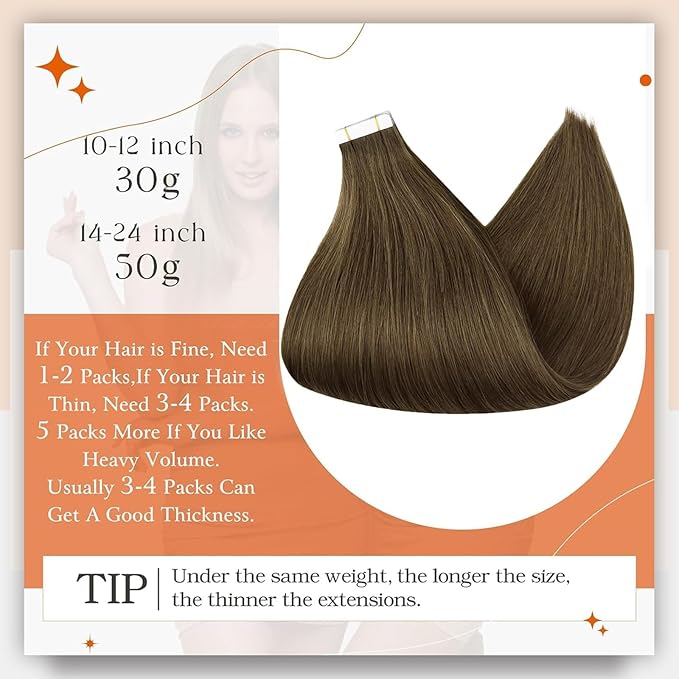 Full Shine Straight Hair Extensions Tape in Color 3 Brown Tape in Hair Extensions Human Hair 20 Inch Long Straight Hair 50Gram Tape ins Human Hair Extension 20Pcs for Wedding Remy Hair Extension