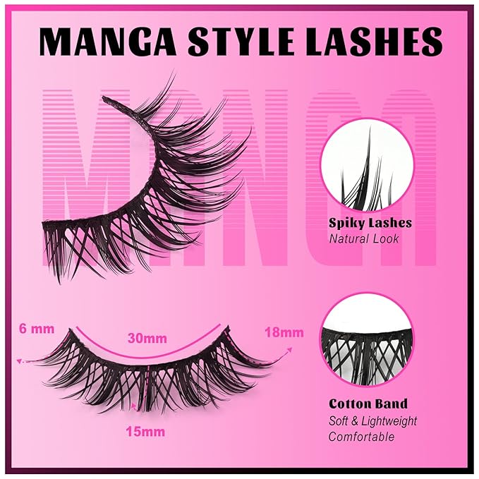 Veleasha Manga Eyelashes Spiky Eye Lashes Cat Eye Lashes Anime Lash Crisscross 100% Handmade 8D Doll Lash Natural Look Soft Wispy Fake Eyelashes 8 Pairs (Pomelo)