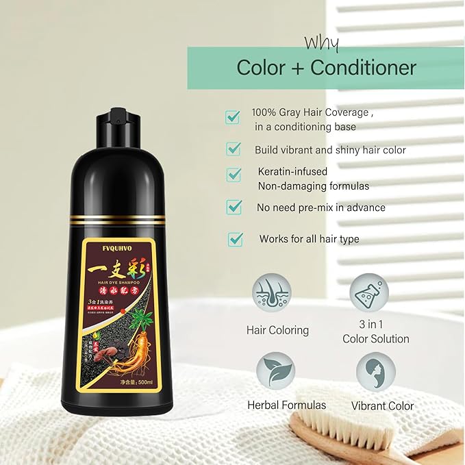 Fvquhvo Black Hair Dye Shampoo, Hair Color Shampoo for Women Men, Covers Gray in Minutes, Long Lasting Black Hair Shampoo, Champu Para Canas, Easy to Use 16.90 Fl Oz