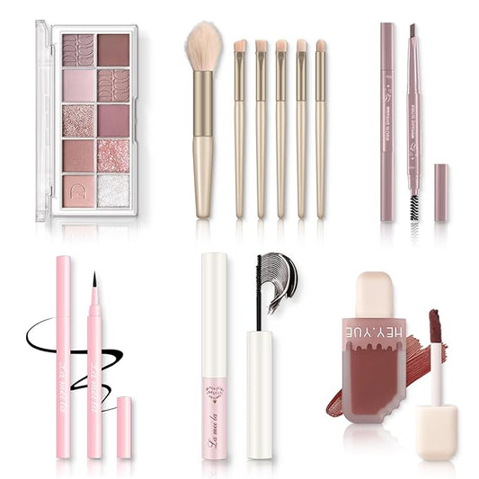 All in One Makeup Kit - Set for Women, Girls & Teens, Include 10 Colors Eyeshadow Palette, Lip Gloss, Eyebrow Eyeliner Pencil, Waterproof Mascara, 6 Pcs Brushes (Pink Kits)