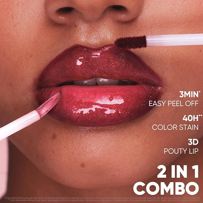 JUDYDOLL Peel Off Stain and Plumping Oil Duo - Macaron-Inspired Long-Lasting Lip Stain with 3D Plumping Gloss, Hydrating and Non-Sticky Formula (#04 Cinnamon Glow)