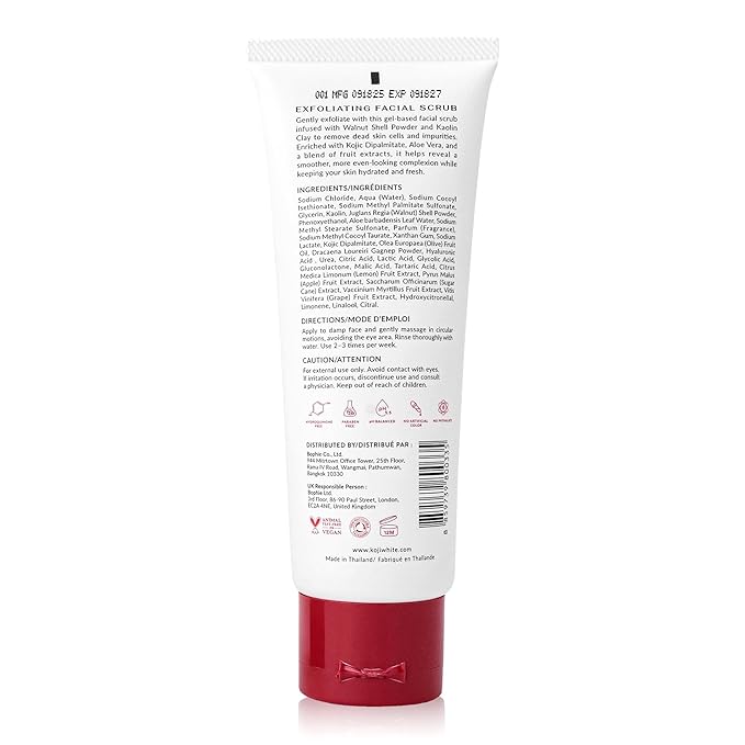 Koji White Exfoliating Facial Scrub, Gentle Face Wash with 1% Walnut Shell Powder, AHA, Kojic Acid Dipalmitate & Hyaluronic Acid | Hydrating, Unscented, Vegan, 100ml (3.38 Fl Oz)
