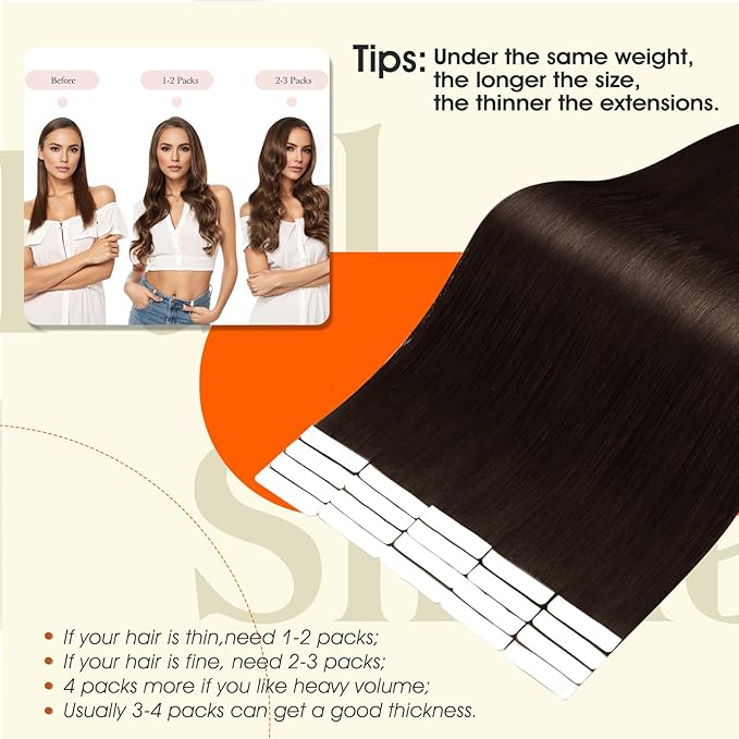 Full Shine Brown Insert Human Hair Tape in Extensions Injected Tape in Hair Extensions Color 2 Dark Brown Soft Long Extension 22Inch Seamless Skin Weft for Women Add Length 50Gram 20Pcs