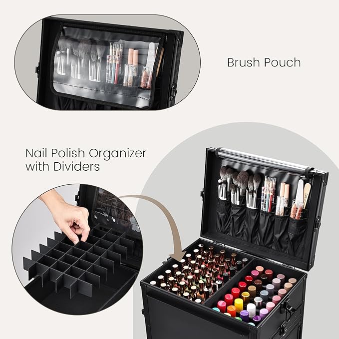 Joligrace Rolling Manicure Table 5 Drawers Makeup Case Foldable Nail Desk Cosmetology Case on Wheels Nail Tech Table with Brush Pouch for Technician Workstation Mobile Makeup Artist Trolley Black
