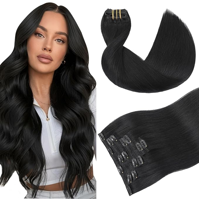Youngsmile Clip in Hair Extensions Human Hair, Real Human Hair Clip in Extensions, Double Drawn, Thick End, Straight Hair 16 Inch 120g 7pcs, #1 Color Jet Black (CLIP#1-16Inch)